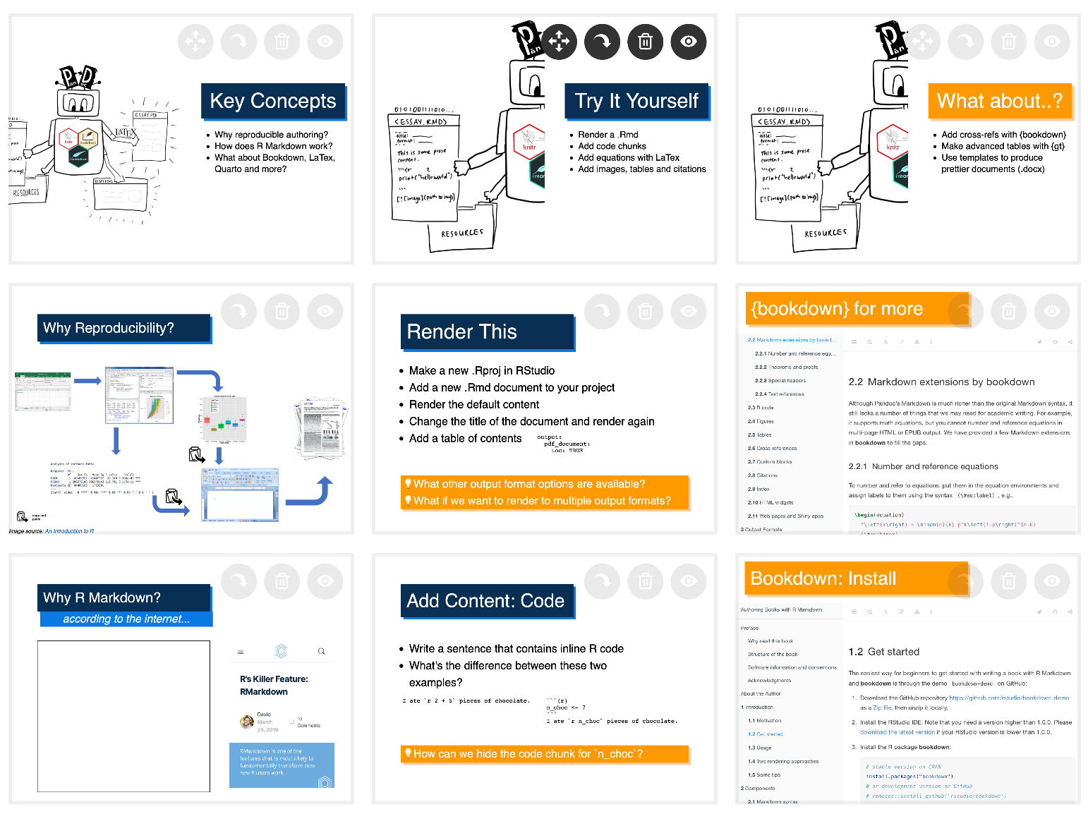 thumbnails of slides from the R Markdown and friends workshop