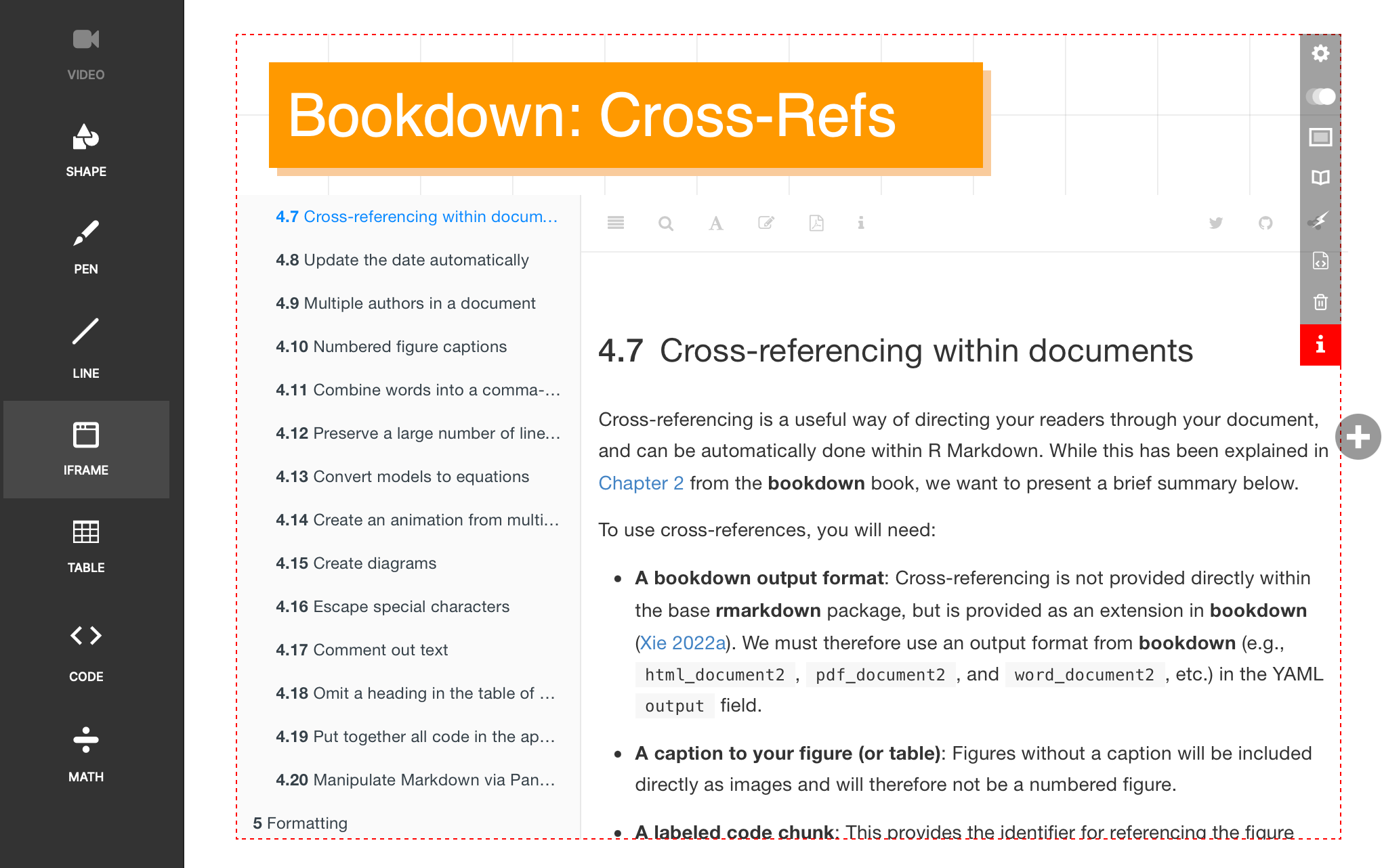 A screenshot of the Slides.com Editor showing a slide that has a page from the R Markdown Cookbook embedded an iframe