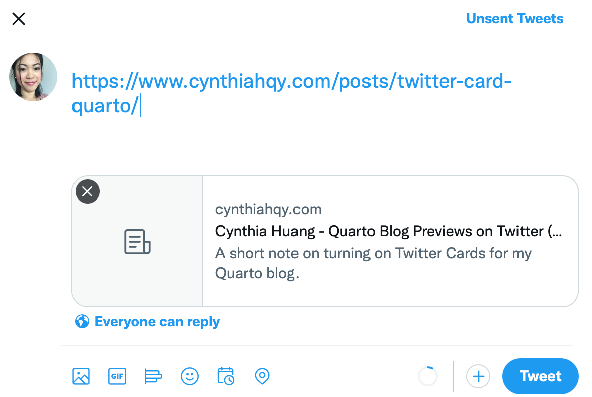 Screenshot of the Twitter compose box with a link in the body of the tweet and a preview of the link showing a placeholder image instead of the intended feature image.