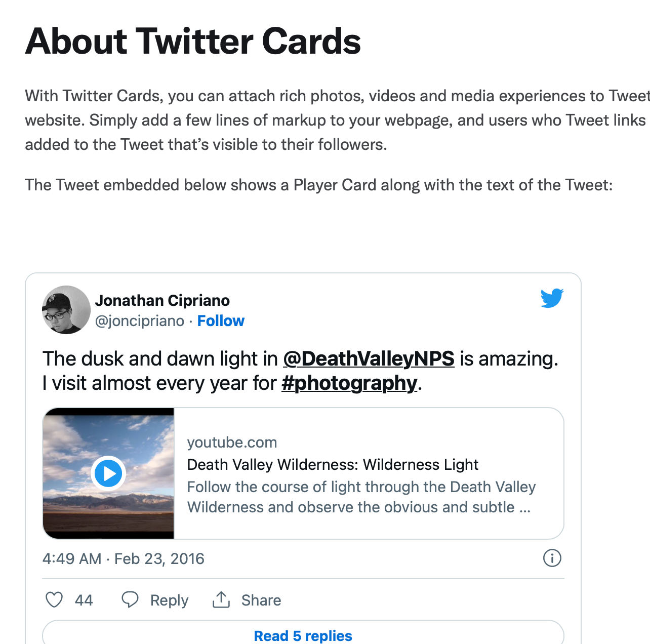 Screenshot of the About Twitter Cards documentation page on Twitter's Development Platform